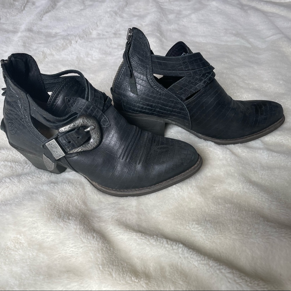Women's Black Cutout Leather Ankle Boots with Buckle - Picture 2 of 6